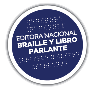 Logo circular en color azul oscuro, dentro de él se lee en letras mayúsculas y en braille de color blanco: Editora Nacional Braille y Libro Parlante.
